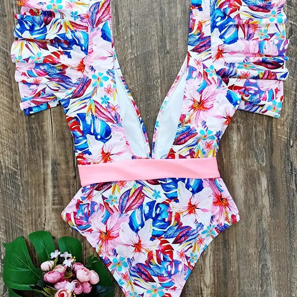 NWT Telaura One Piece Ruffle Floral Print Swimsuit - Picture 3 of 10